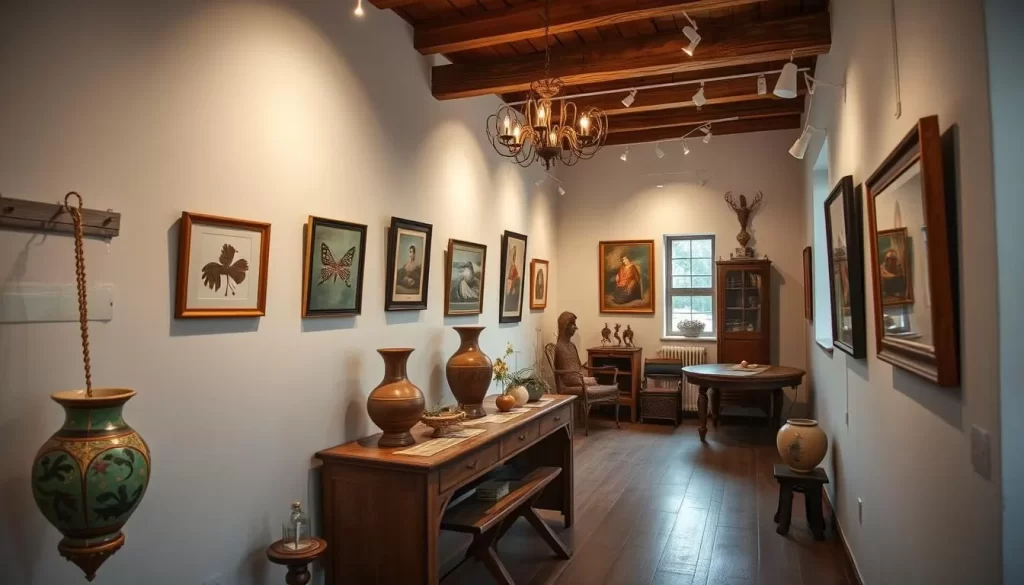 Generate an image of Barbara Banka's Art Gallery in Bialowieza, showcasing local art and craftsmanship.