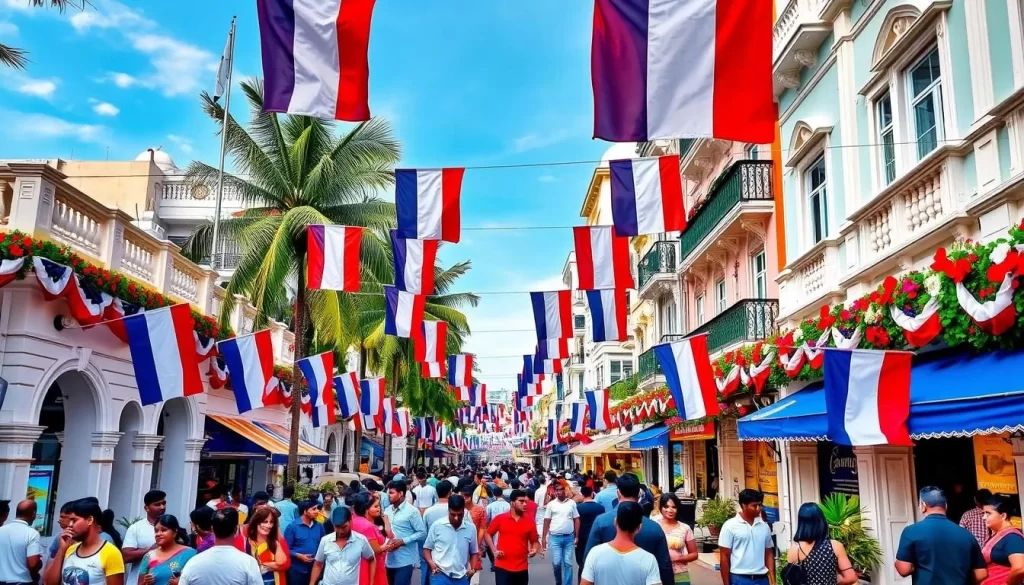 Generate an image of Bastille Day celebration in Puducherry, with French flags adorning the streets and buildings.