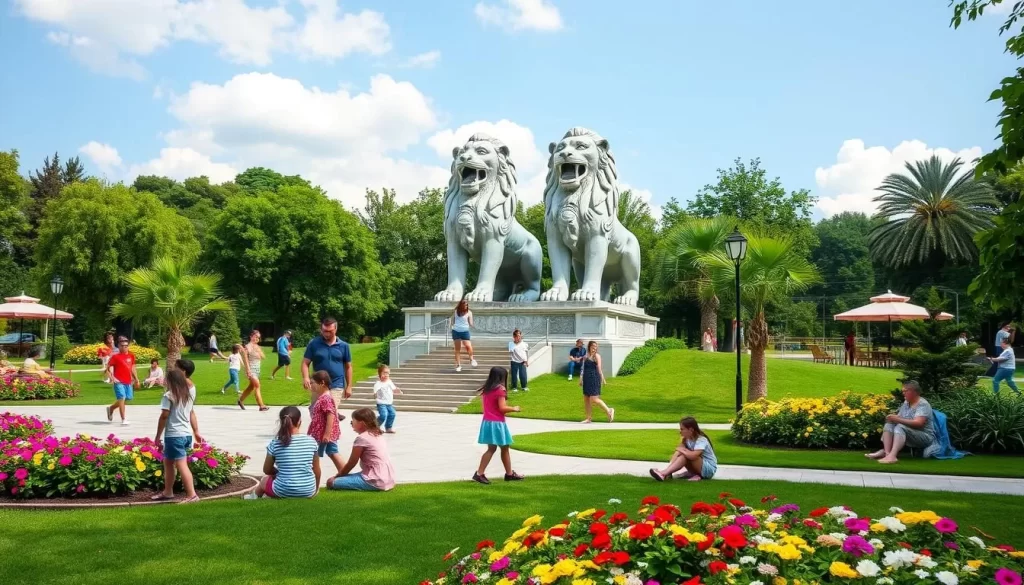 Generate an image of Batı Park with the Twin Lions Statues in Samsun, showcasing children playing and families picnicking.