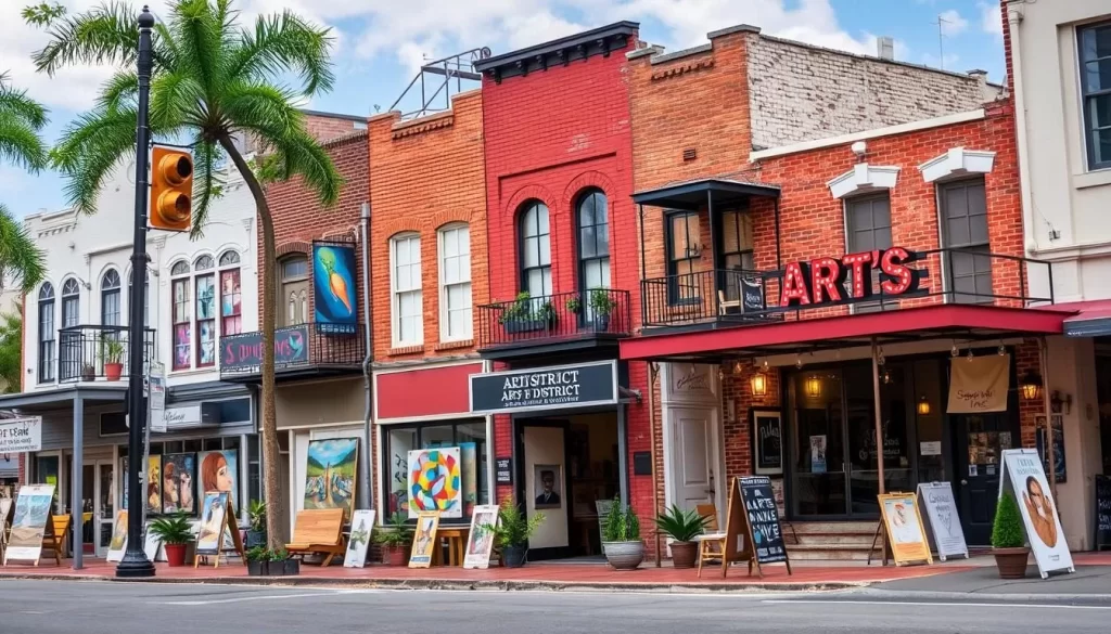 Generate an image of Baton Rouge's Arts District, featuring numerous galleries and creative spaces along Government Street.
