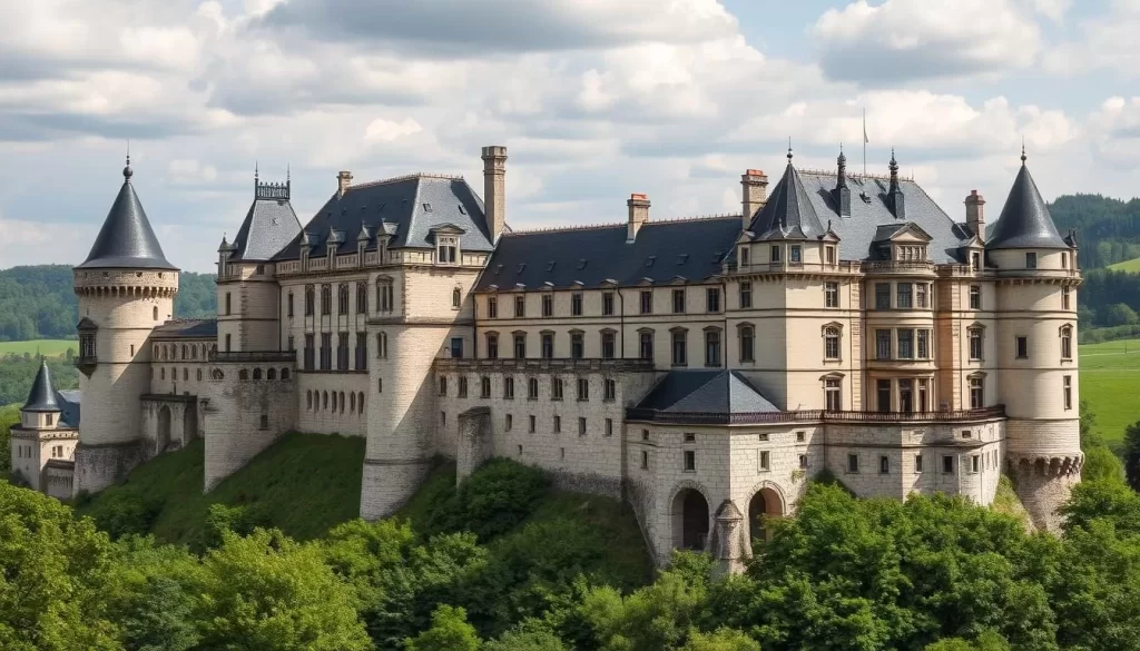 Generate an image of Beaufort Castle in Luxembourg, showcasing its medieval fortress and Renaissance château.
