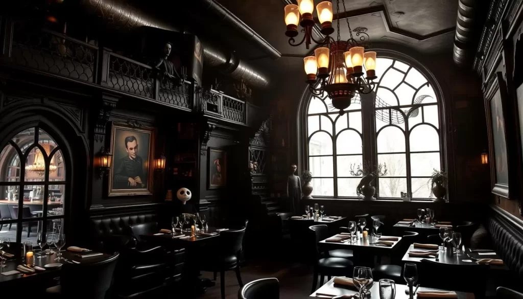 Generate an image of Beetle House LA's interior, featuring gothic decor and characters from Tim Burton's films.