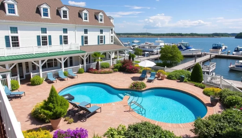 Generate an image of Belfast Harbor Inn, a traditional hotel situated on the bay with an outdoor pool.