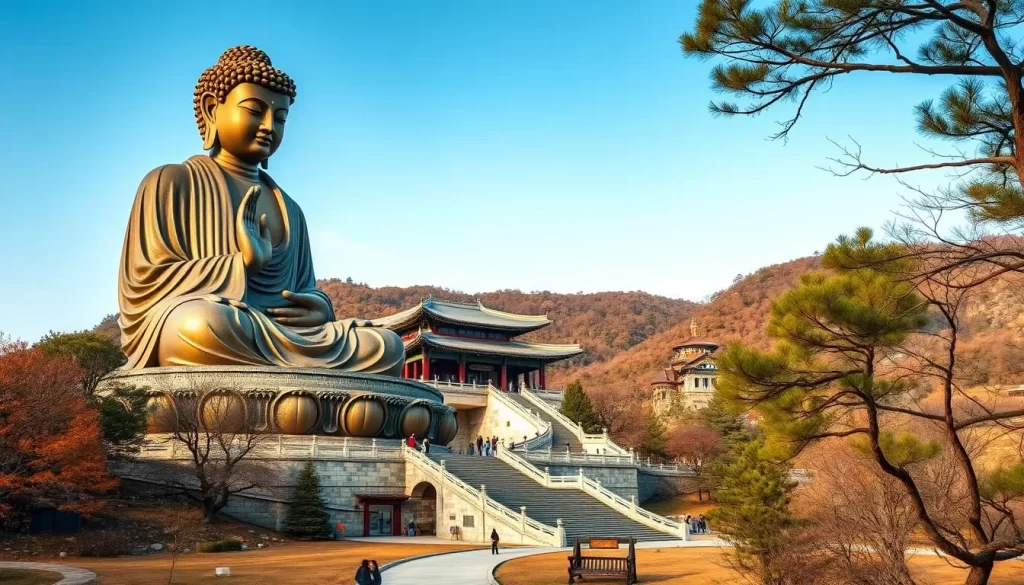 Generate an image of Beopjusa Temple's giant bronze Buddha statue amidst the serene surroundings of Songnisan National Park.