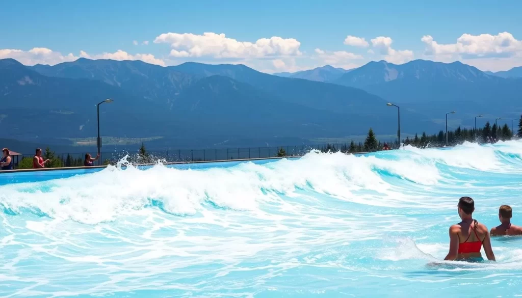 Generate an image of Black Mountain Water Park's wave pool with mountain views in the background.