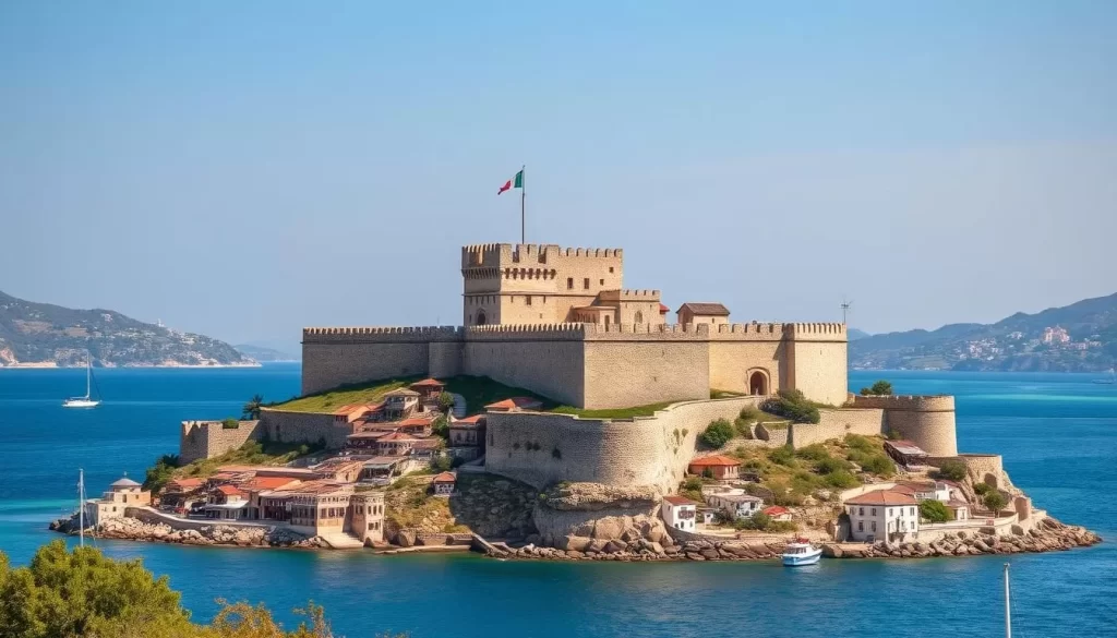 Generate an image of Bodrum Castle with its imposing structure and the surrounding sea.
