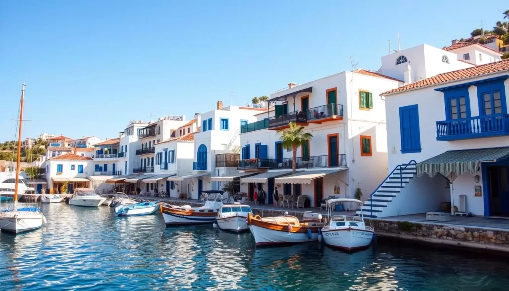 Generate an image of Bodrum's picturesque harbor with traditional whitewashed houses and bright blue trim.