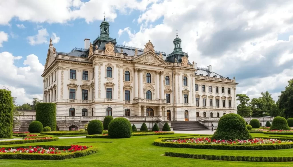 Generate an image of Branicki Palace in Białystok, Poland, showcasing its Baroque architecture and beautiful gardens.