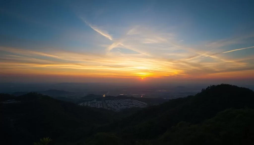 Generate an image of Bukit Panorama at sunset with a panoramic view of Kuantan.