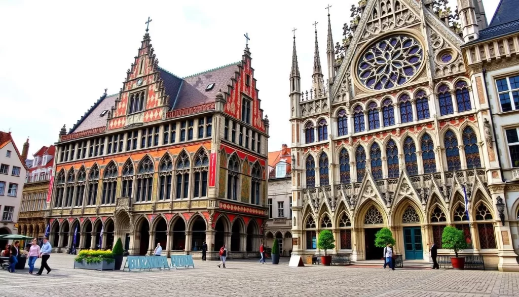 Generate an image of Burg Square, featuring the Gothic Bruges City Hall and the Basilica of the Holy Blood.
