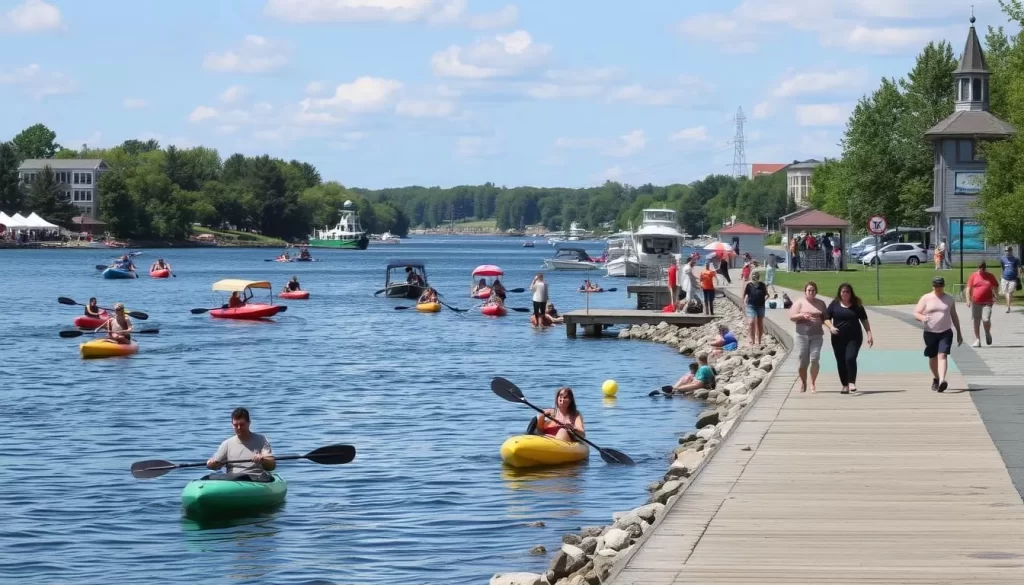 Generate an image of Burlington's Lake Champlain waterfront with people enjoying various activities.