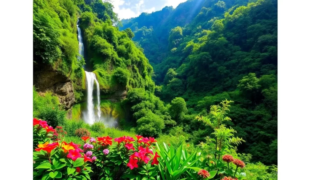 Generate an image of Butterfly Valley with lush greenery and a serene waterfall.