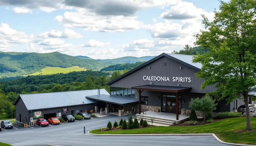 Generate an image of Caledonia Spirits distillery in Montpelier, Vermont, showcasing its modern architecture and picturesque surroundings.