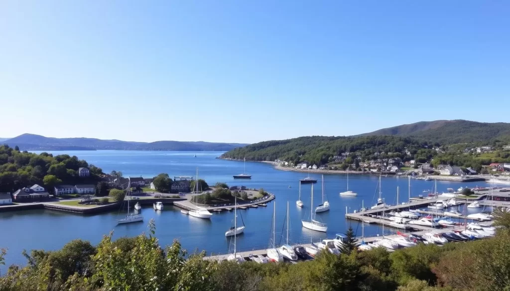 Generate an image of Camden Harbor and the surrounding hills.