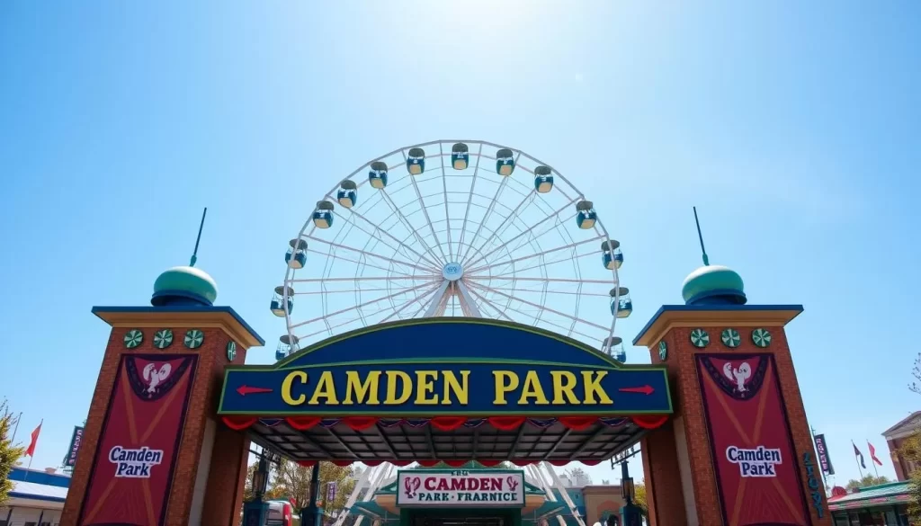 Generate an image of Camden Park's main entrance with a Ferris wheel in the background.