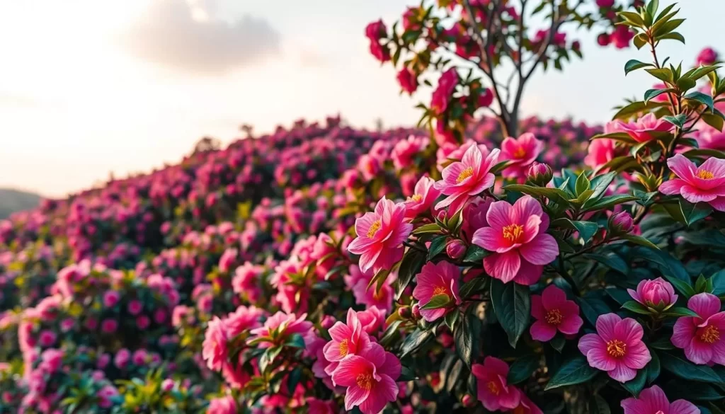 Generate an image of Camellia Hill with vibrant camellia flowers in full bloom.