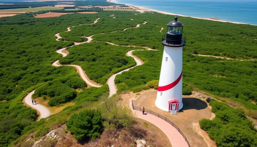 Generate an image of Cape Henlopen State Park with its historic lighthouse and scenic hiking trails.