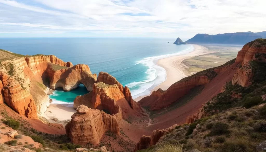 Generate an image of Cape Range National Park's dramatic limestone gorges and pristine beaches.