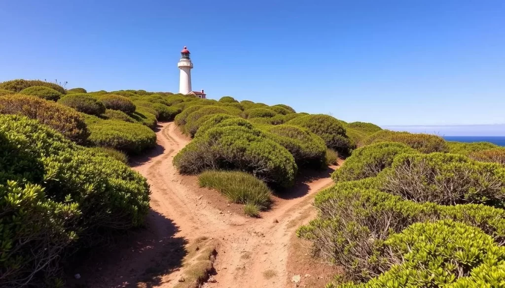 Generate an image of Cape Recife Nature Reserve's hiking trail with the 1851 lighthouse in the background.