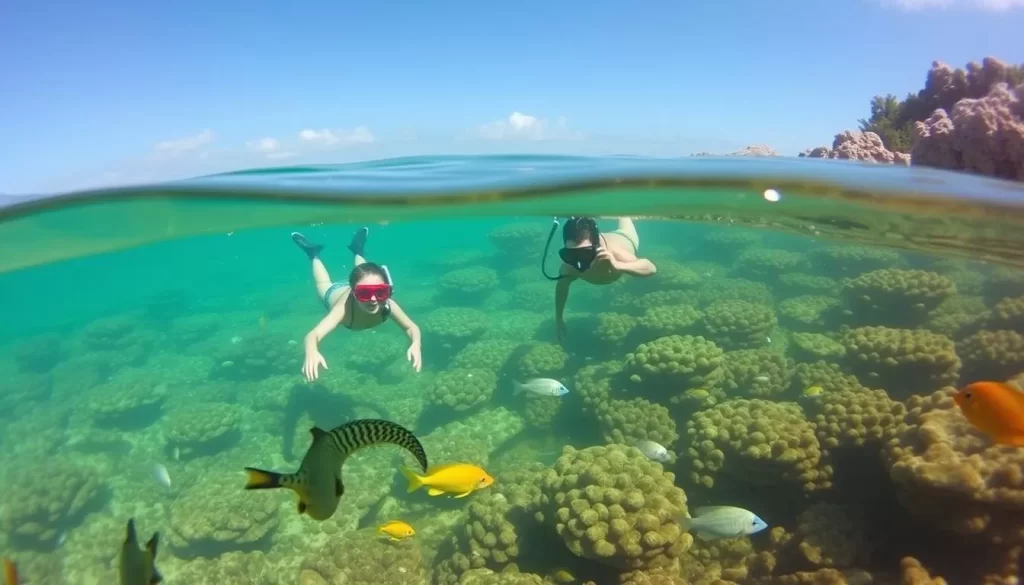 Generate an image of Cape Vidal beach with snorkelers exploring the vibrant underwater ecosystem.