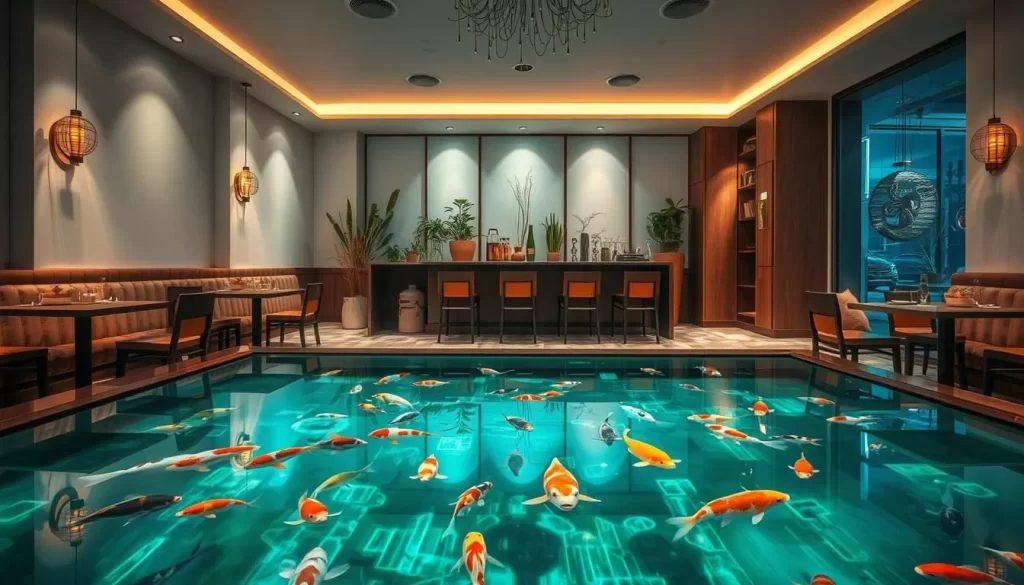 Generate an image of Carp Cafe's interior with koi fish swimming beneath the glass floor.