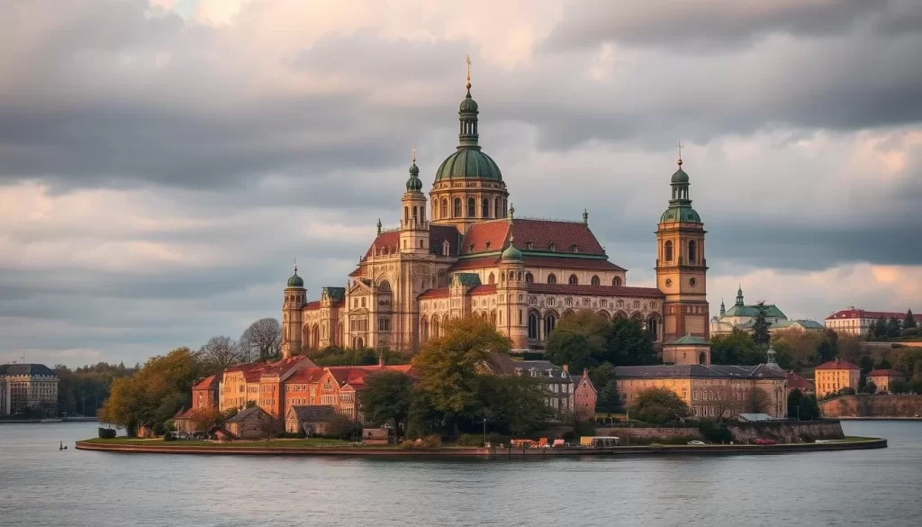 Generate an image of Cathedral Island in Poznan, Poland, showcasing its historical significance and architectural beauty.