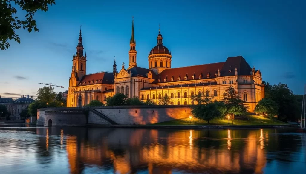 Generate an image of Cathedral Island in Wroclaw, showcasing its historic architecture and serene atmosphere.