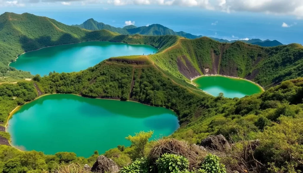 Generate an image of Central Island National Park with its three crater lakes and vibrant birdlife.