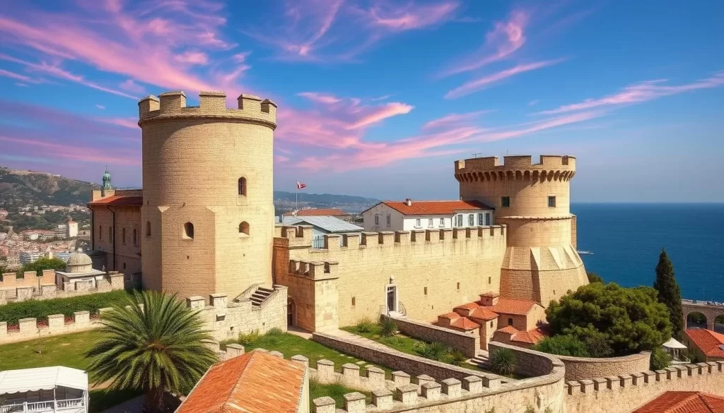 Generate an image of Cesme Castle, a 16th-century Ottoman fortress built on top of a 14th-century Genoese fortress, with well-preserved walls and towers offering panoramic views of the town and the Aegean Sea.