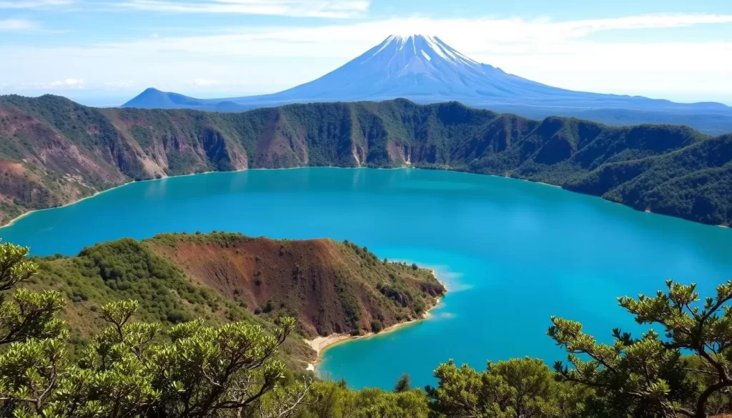 Generate an image of Chala Crater Lake with its turquoise waters surrounded by lush greenery and the majestic Mt Kilimanjaro in the background.