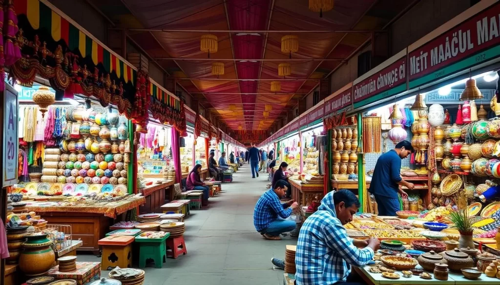 Generate an image of Chandigarh's International Crafts Mela, showcasing vibrant stalls and artisans at work.