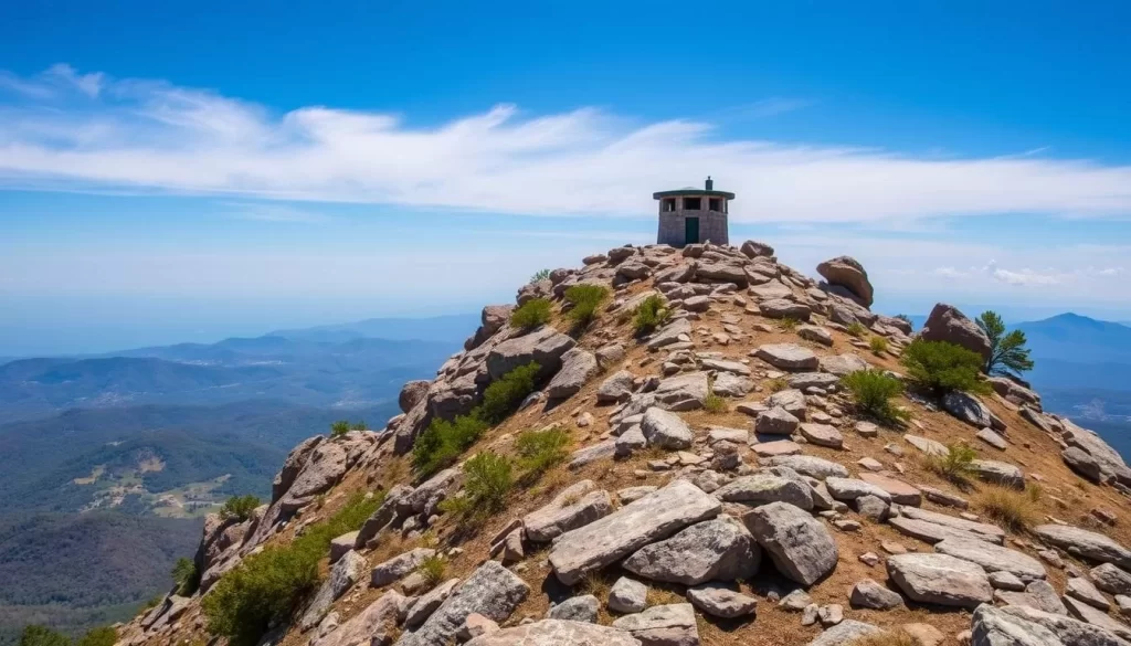 Generate an image of Cheaha Mountain's summit with the Bunker Tower.
