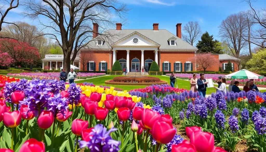 Generate an image of Cheekwood Estate & Gardens filled with blooming tulips and hyacinths, with visitors enjoying live music and art events.