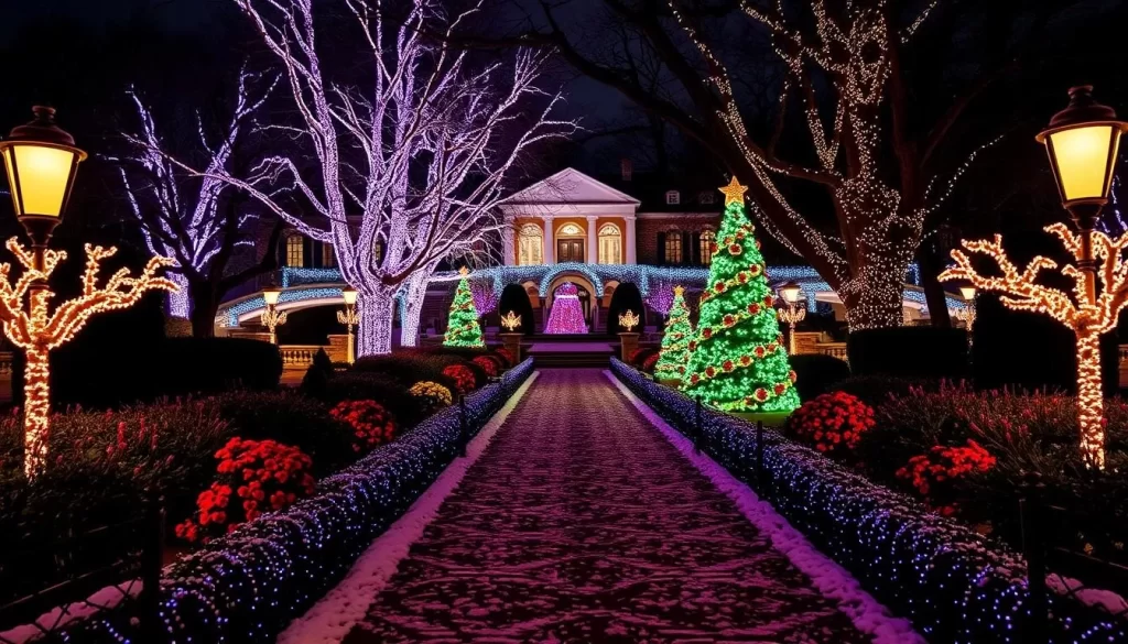 Generate an image of Cheekwood Estate transformed into a dazzling display of light during the winter season.