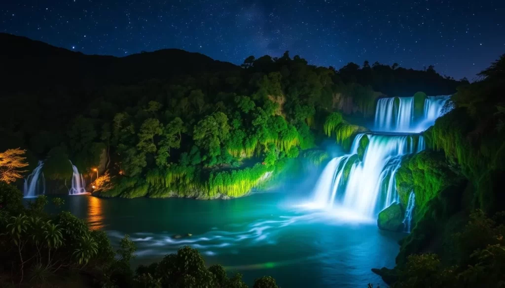 Generate an image of Cheonjiyeon Waterfall at night with illuminated lights
