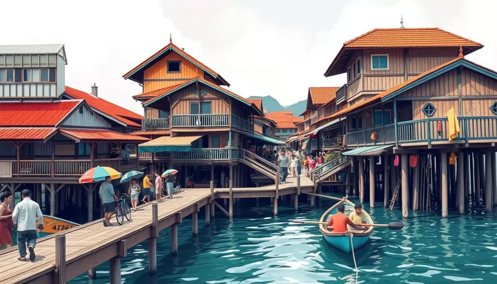 Generate an image of Chew Jetty Penang, showcasing its stilt houses and vibrant community life.