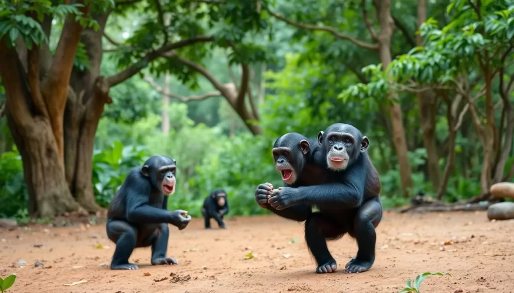 Generate an image of Chimp Eden sanctuary with chimpanzees in a natural environment.