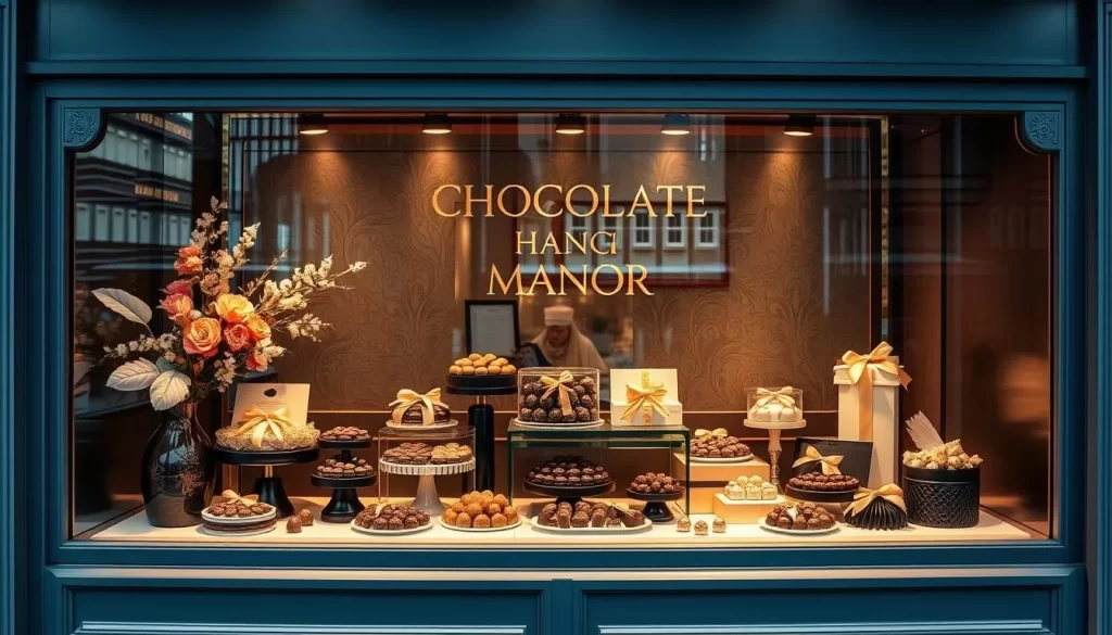 Generate an image of Chocolate Manor's handcrafted chocolates displayed in a beautifully decorated shop window. Generate an image of Chocolate Manor's handcrafted chocolates displayed in a beautifully decorated shop window.