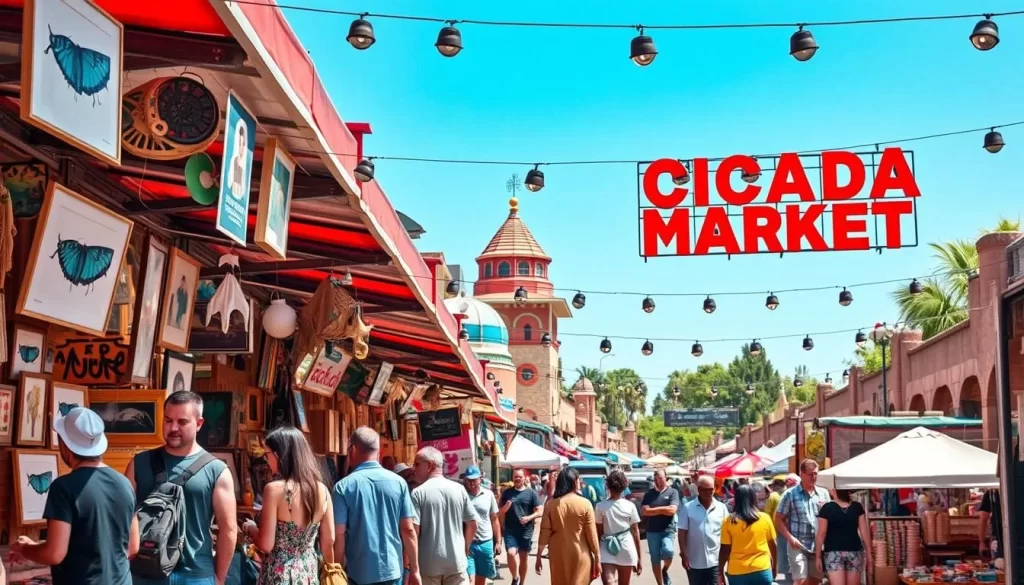 Generate an image of Cicada Market with its vibrant atmosphere and local artwork.
