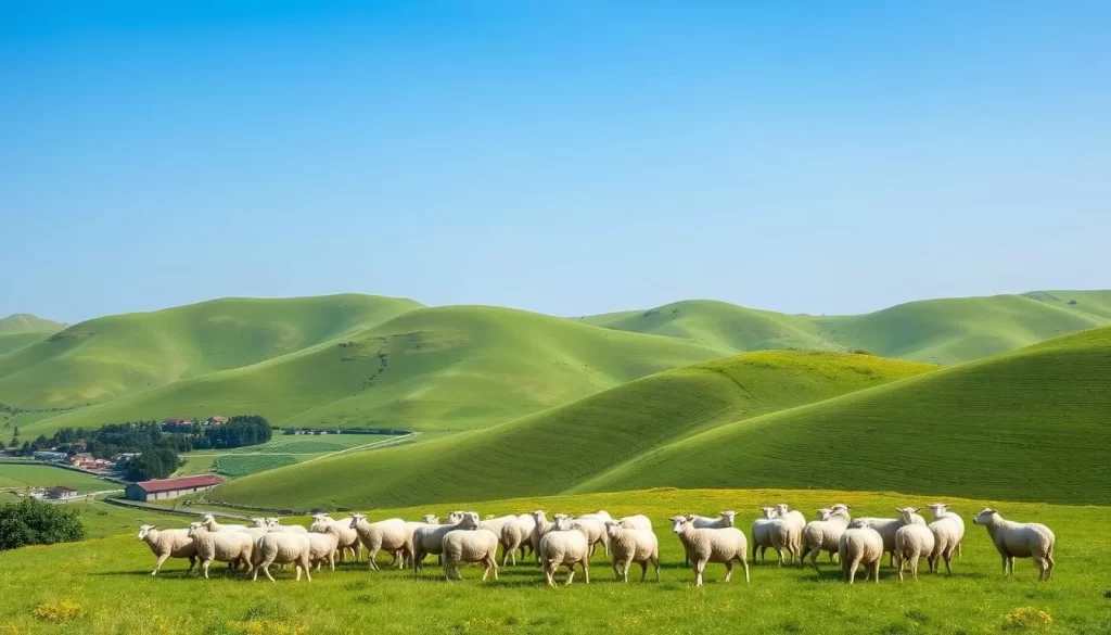 Generate an image of Cingjing Farm with rolling green hills and grazing sheep.