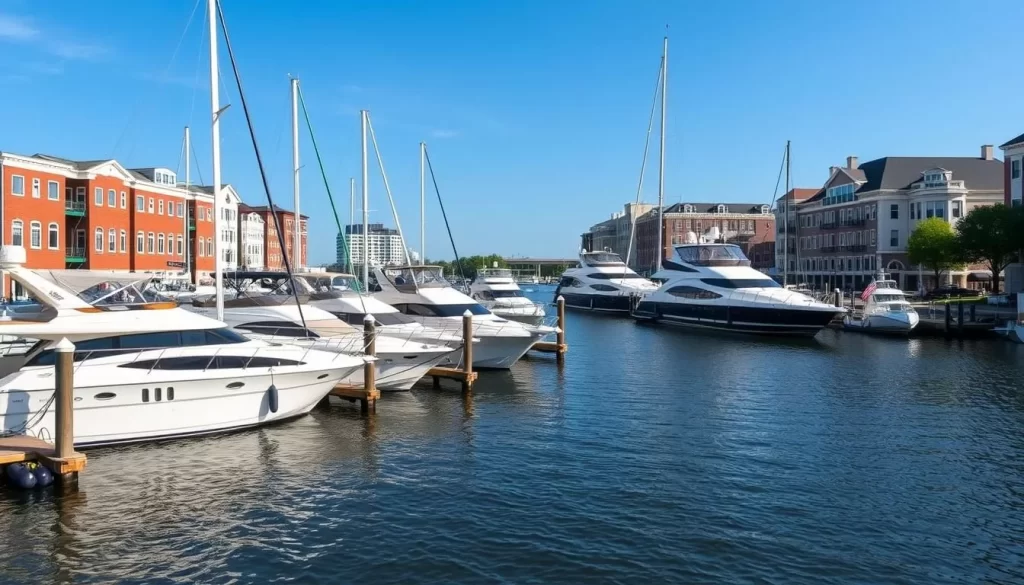 Generate an image of City Dock in Annapolis, showcasing Ego Alley with luxury yachts.