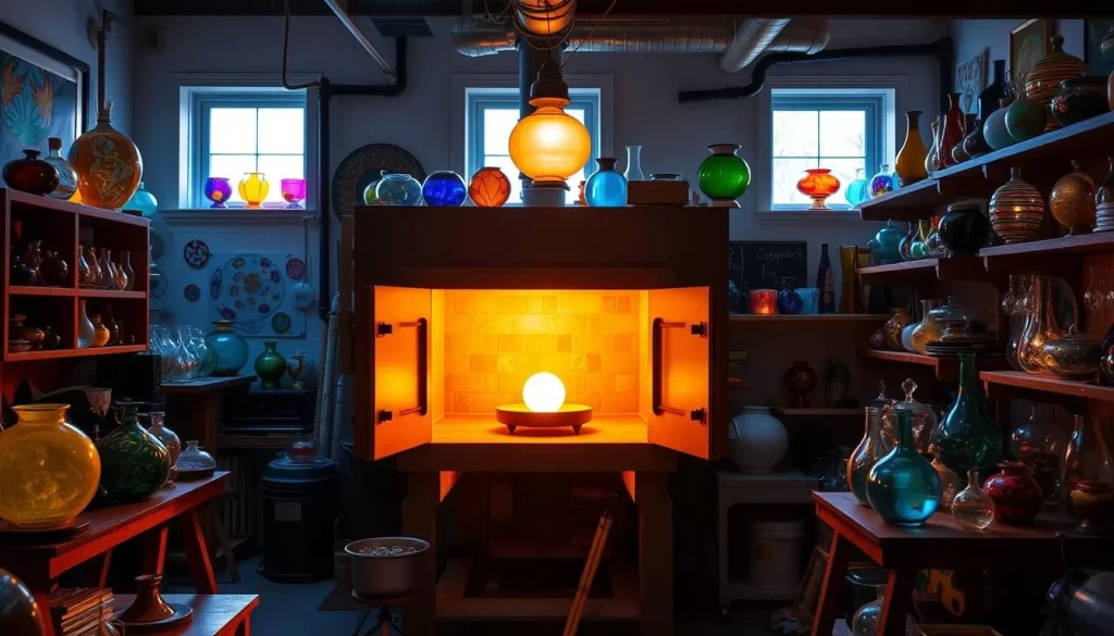 Generate an image of Clancy Design Studios, a hand-blown glass studio in Jamestown, RI, with a warm glow from the kilns and colorful glass art displays.