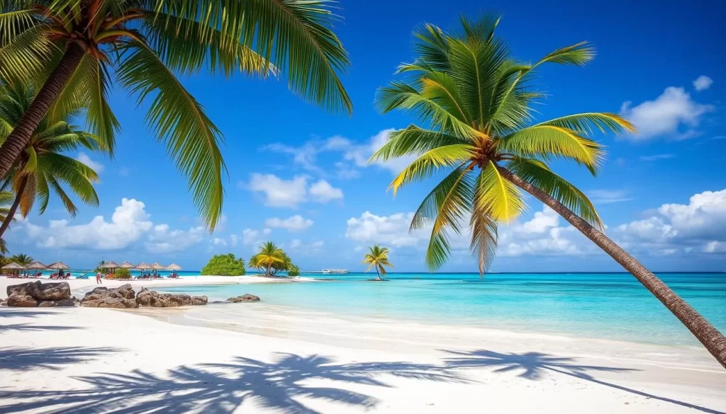 Generate an image of Coco Beach in Dar es Salaam, showcasing its white sandy shoreline, clear blue waters, and swaying tropical palm trees.