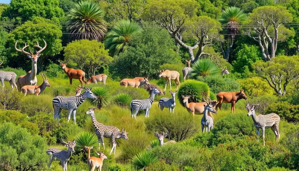 Generate an image of Crescent Island Game Sanctuary with diverse wildlife.
