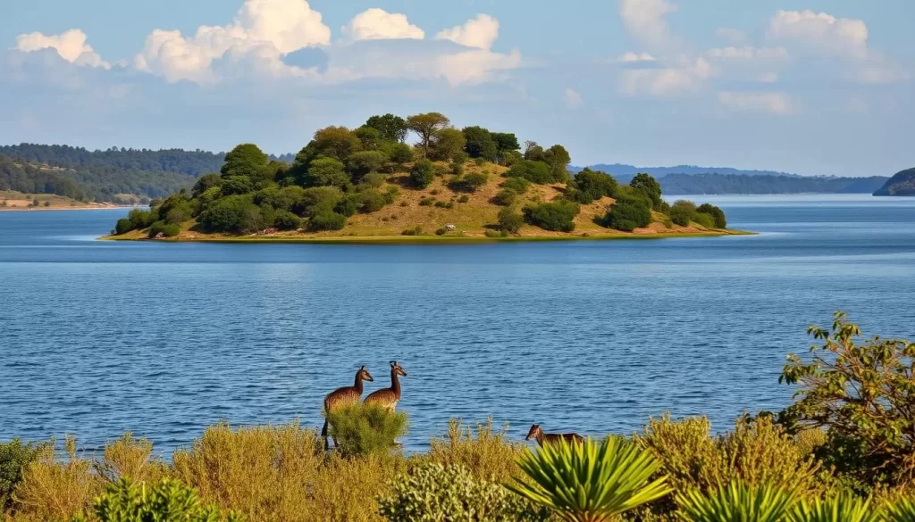 Generate an image of Crescent Island on Lake Naivasha with wildlife in the foreground.