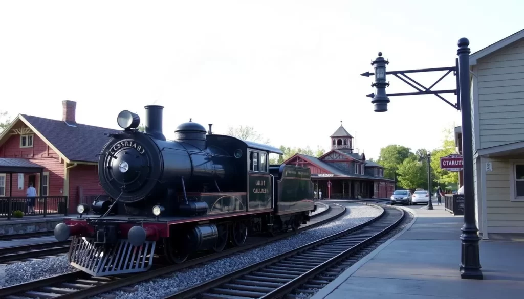 Generate an image of Crossroads Village & Huckleberry Railroad in Flint, Michigan, showcasing its historic structures and nostalgic atmosphere.