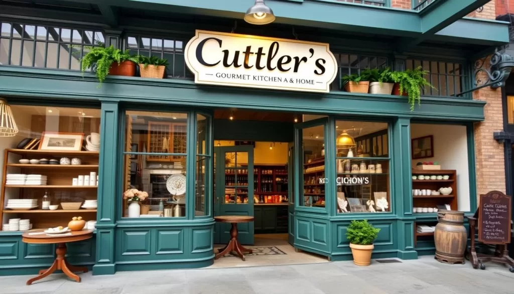 Generate an image of Cutler's gourmet kitchen and home store in the Historic Gaslight District.