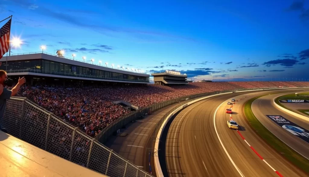 Generate an image of Darlington Raceway during a NASCAR event, capturing the excitement of the crowd and the speed of the cars on the track.