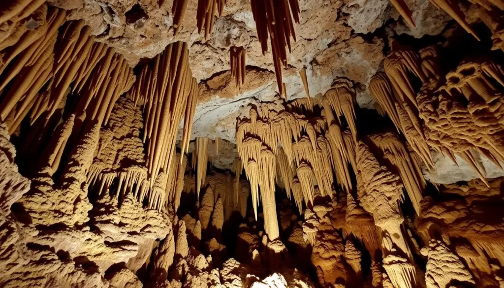 Generate an image of DeSoto Caverns with its impressive stalactites and stalagmites.