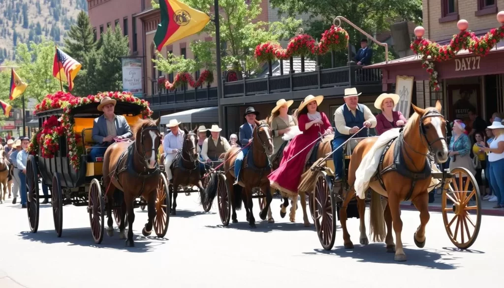Generate an image of Deadwood's Days of '76 festival, featuring a historical parade with horse-drawn wagons and stagecoaches.